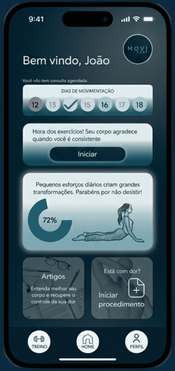 App MoviCare para o colaborador: boas-vindas, dias de movimentação, exercício do dia e progresso