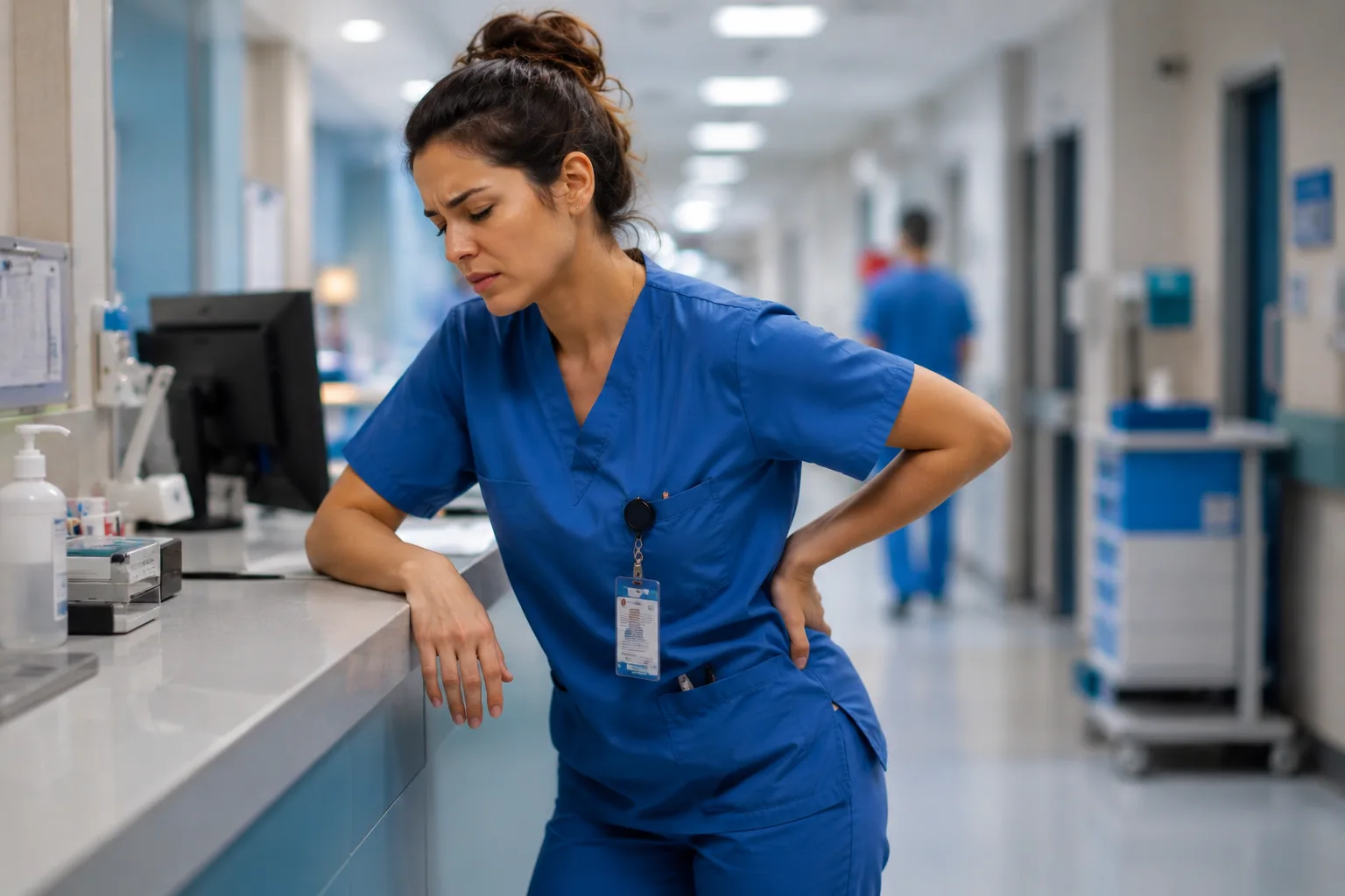 Enfermeira em scrub azul com a mão nas costas, sentindo dor após horas em pé no corredor do hospital