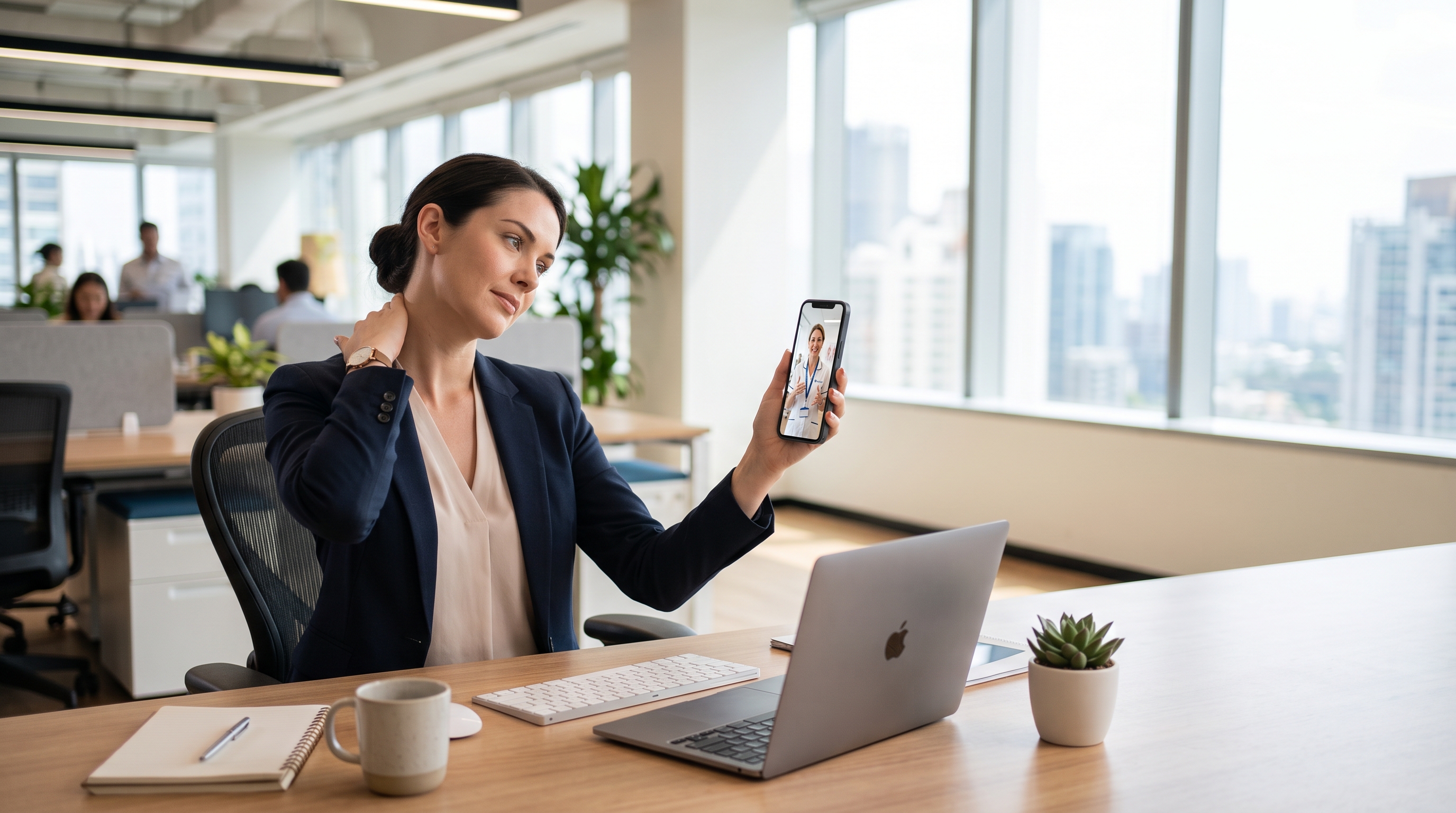 Colaboradora em consulta online por vídeo com um especialista